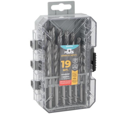 Набор сверл по металлу HSS, угол заточки 118°, пласт. кейс, 19 шт. (1-10мм, через 0,5мм) MOS