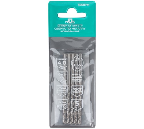 Сверла по металлу HSS шлифованные, угол заточки 135°, 4,0 x 75 мм (5 шт.) MOS Сверла по металлу HSS шлифованные, угол заточки 135°, 4,0 x 75 мм (5 шт.) MOS