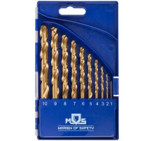 Набор сверл по металлу HSS шлифованные, титановое покрытие, угол заточки 135°, пласт. кейс, 10 шт. (1-2-3-4-5-6-7-8-9-10 мм) MOS