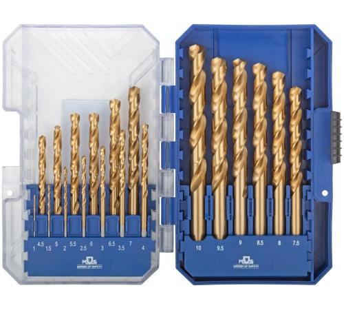 Набор сверл по металлу HSS шлифованные, титановое покрытие, угол заточки 135°, пласт. кейс, 19 шт. (1-10 мм, через 0,5 мм) MOS Набор сверл по металлу HSS шлифованные, титановое покрытие, угол заточки 135°, пласт. кейс, 19 шт. (1-10 мм, через 0,5 мм) MOS