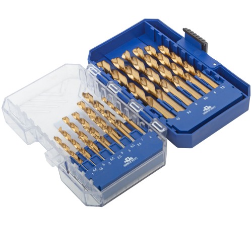 Набор сверл по металлу HSS шлифованные, титановое покрытие, угол заточки 135°, пласт. кейс, 19 шт. (1-10 мм, через 0,5 мм) MOS Набор сверл по металлу HSS шлифованные, титановое покрытие, угол заточки 135°, пласт. кейс, 19 шт. (1-10 мм, через 0,5 мм) MOS