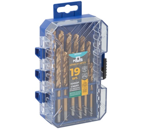 Набор сверл по металлу HSS шлифованные, титановое покрытие, угол заточки 135°, пласт. кейс, 19 шт. (1-10 мм, через 0,5 мм) MOS Набор сверл по металлу HSS шлифованные, титановое покрытие, угол заточки 135°, пласт. кейс, 19 шт. (1-10 мм, через 0,5 мм) MOS