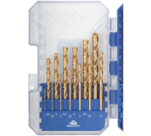 Набор сверл по металлу HSS шлифованные, титановое покрытие, угол заточки 135°, пласт. кейс, 19 шт. (1-10 мм, через 0,5 мм) MOS Набор сверл по металлу HSS шлифованные, титановое покрытие, угол заточки 135°, пласт. кейс, 19 шт. (1-10 мм, через 0,5 мм) MOS