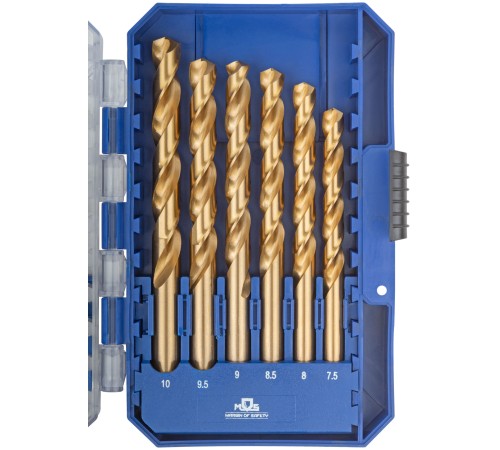 Набор сверл по металлу HSS шлифованные, титановое покрытие, угол заточки 135°, пласт. кейс, 19 шт. (1-10 мм, через 0,5 мм) MOS Набор сверл по металлу HSS шлифованные, титановое покрытие, угол заточки 135°, пласт. кейс, 19 шт. (1-10 мм, через 0,5 мм) MOS