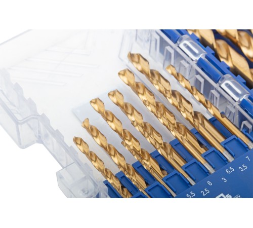 Набор сверл по металлу HSS шлифованные, титановое покрытие, угол заточки 135°, пласт. кейс, 19 шт. (1-10 мм, через 0,5 мм) MOS Набор сверл по металлу HSS шлифованные, титановое покрытие, угол заточки 135°, пласт. кейс, 19 шт. (1-10 мм, через 0,5 мм) MOS