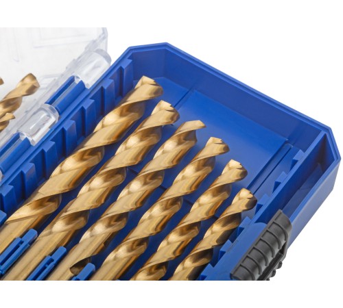 Набор сверл по металлу HSS шлифованные, титановое покрытие, угол заточки 135°, пласт. кейс, 19 шт. (1-10 мм, через 0,5 мм) MOS Набор сверл по металлу HSS шлифованные, титановое покрытие, угол заточки 135°, пласт. кейс, 19 шт. (1-10 мм, через 0,5 мм) MOS