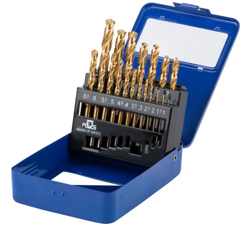 Набор сверл по металлу HSS шлифованные, титановое покрытие, угол заточки 135°,  мет.бокс,19 шт. (1-10 мм через 0,5 мм) MOS Набор сверл по металлу HSS шлифованные, титановое покрытие, угол заточки 135°,  мет.бокс,19 шт. (1-10 мм через 0,5 мм) MOS