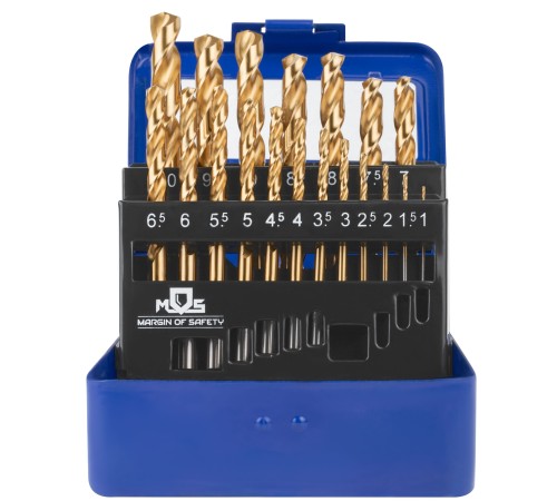 Набор сверл по металлу HSS шлифованные, титановое покрытие, угол заточки 135°,  мет.бокс,19 шт. (1-10 мм через 0,5 мм) MOS Набор сверл по металлу HSS шлифованные, титановое покрытие, угол заточки 135°,  мет.бокс,19 шт. (1-10 мм через 0,5 мм) MOS