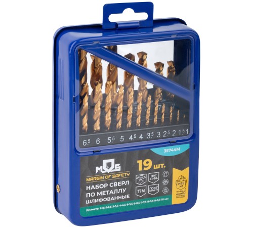 Набор сверл по металлу HSS шлифованные, титановое покрытие, угол заточки 135°,  мет.бокс,19 шт. (1-10 мм через 0,5 мм) MOS Набор сверл по металлу HSS шлифованные, титановое покрытие, угол заточки 135°,  мет.бокс,19 шт. (1-10 мм через 0,5 мм) MOS