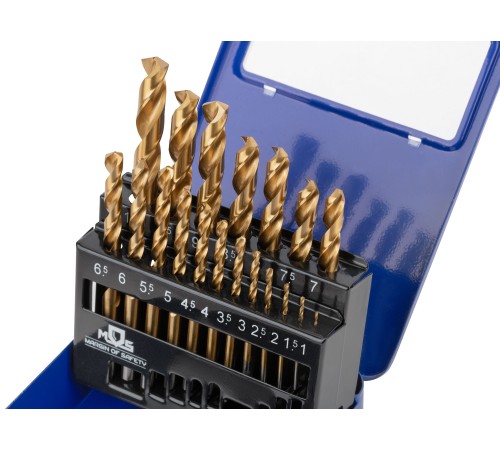 Набор сверл по металлу HSS шлифованные, титановое покрытие, угол заточки 135°,  мет.бокс,19 шт. (1-10 мм через 0,5 мм) MOS Набор сверл по металлу HSS шлифованные, титановое покрытие, угол заточки 135°,  мет.бокс,19 шт. (1-10 мм через 0,5 мм) MOS