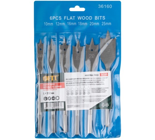 Свёрла по дереву перовые набор, 6 шт. (10-12-16-18-20-25 мм) FIT IT Свёрла по дереву перовые набор, 6 шт. (10-12-16-18-20-25 мм) FIT IT