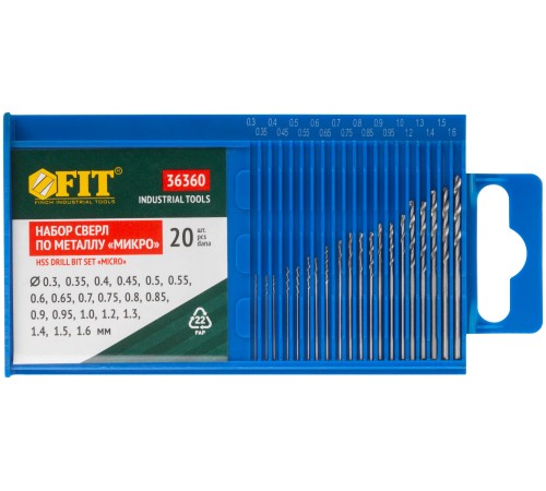 Сверла по металлу HSS полированные "микро" набор 20 шт. (0,3-1,6 мм) FIT IT