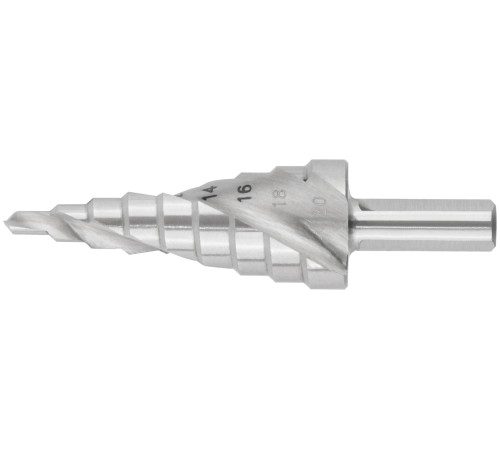 Сверло ступенчатое HSS по металлу, спиральный профиль,  9 ступеней, 4-20 мм КУРС Сверло ступенчатое HSS по металлу, спиральный профиль,  9 ступеней, 4-20 мм КУРС