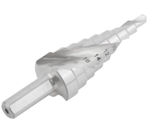 Сверло ступенчатое HSS по металлу, спиральный профиль,  9 ступеней, 4-20 мм КУРС Сверло ступенчатое HSS по металлу, спиральный профиль,  9 ступеней, 4-20 мм КУРС