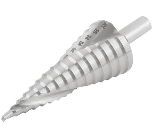 Сверло ступенчатое HSS по металлу, спиральный профиль, 15 ступеней, 4-32 мм КУРС Сверло ступенчатое HSS по металлу, спиральный профиль, 15 ступеней, 4-32 мм КУРС