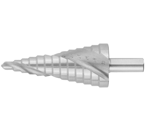 Сверло ступенчатое HSS по металлу, спиральный профиль, 13 ступеней, 6-30 мм КУРС Сверло ступенчатое HSS по металлу, спиральный профиль, 13 ступеней, 6-30 мм КУРС