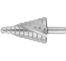 Сверло ступенчатое HSS по металлу, спиральный профиль, 10 ступеней, 9-36 мм КУРС