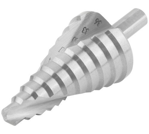 Сверло ступенчатое HSS по металлу, спиральный профиль, 10 ступеней, 9-36 мм КУРС Сверло ступенчатое HSS по металлу, спиральный профиль, 10 ступеней, 9-36 мм КУРС