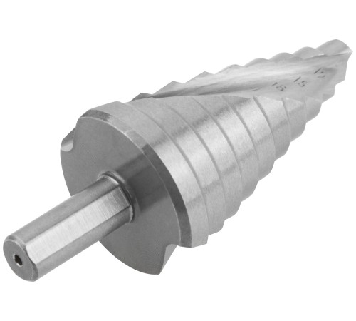 Сверло ступенчатое HSS по металлу, спиральный профиль, 10 ступеней, 9-36 мм КУРС Сверло ступенчатое HSS по металлу, спиральный профиль, 10 ступеней, 9-36 мм КУРС