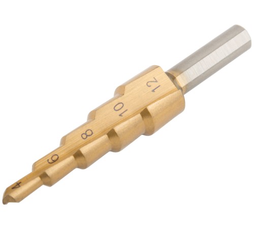 Сверло ступенчатое HSS по металлу, 5 ступеней, 4-12 мм MOS Сверло ступенчатое HSS по металлу, 5 ступеней, 4-12 мм MOS