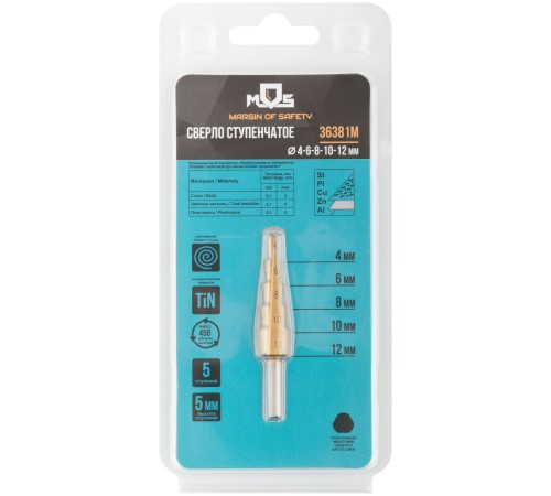 Сверло ступенчатое HSS по металлу, 5 ступеней, 4-12 мм MOS Сверло ступенчатое HSS по металлу, 5 ступеней, 4-12 мм MOS