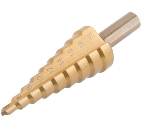 Сверло ступенчатое HSS по металлу, 9 ступеней, 4-20 мм MOS Сверло ступенчатое HSS по металлу, 9 ступеней, 4-20 мм MOS