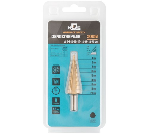 Сверло ступенчатое HSS по металлу, 9 ступеней, 4-20 мм MOS Сверло ступенчатое HSS по металлу, 9 ступеней, 4-20 мм MOS