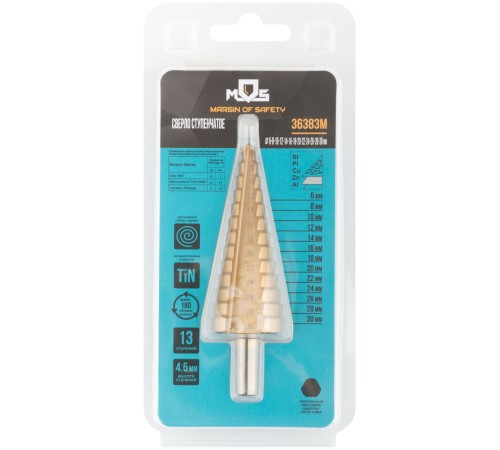 Сверло ступенчатое HSS по металлу, 13 ступеней, 6-30 мм MOS Сверло ступенчатое HSS по металлу, 13 ступеней, 6-30 мм MOS