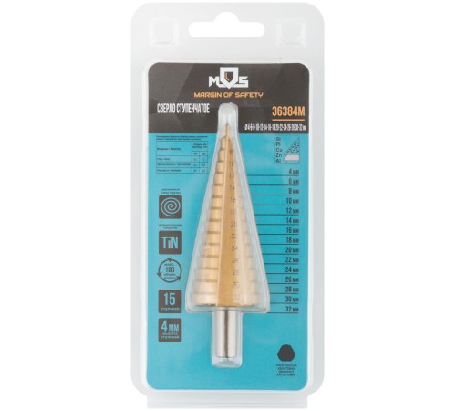 Сверло ступенчатое HSS по металлу, 15 ступеней, 4-32 мм MOS Сверло ступенчатое HSS по металлу, 15 ступеней, 4-32 мм MOS