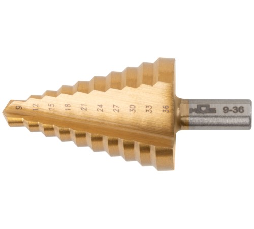 Сверло ступенчатое HSS по металлу, 10 ступеней 9-12-15-18-21-24-27-30-33-36 мм MOS Сверло ступенчатое HSS по металлу, 10 ступеней 9-12-15-18-21-24-27-30-33-36 мм MOS