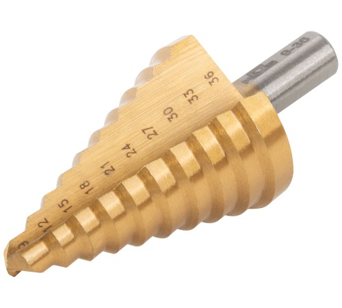 Сверло ступенчатое HSS по металлу, 10 ступеней 9-12-15-18-21-24-27-30-33-36 мм MOS Сверло ступенчатое HSS по металлу, 10 ступеней 9-12-15-18-21-24-27-30-33-36 мм MOS
