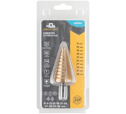 Сверло ступенчатое HSS по металлу, 10 ступеней 9-12-15-18-21-24-27-30-33-36 мм MOS Сверло ступенчатое HSS по металлу, 10 ступеней 9-12-15-18-21-24-27-30-33-36 мм MOS