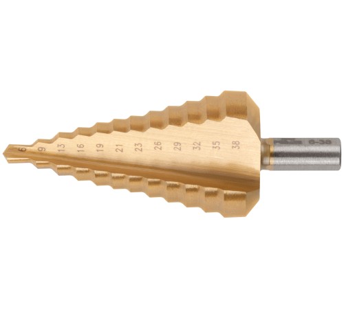 Сверло ступенчатое HSS по металлу, 12 ступеней 6-9-13-16-19-21-23-26-29-32-35-38 мм MOS Сверло ступенчатое HSS по металлу, 12 ступеней 6-9-13-16-19-21-23-26-29-32-35-38 мм MOS