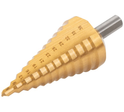 Сверло ступенчатое HSS по металлу, 12 ступеней 6-9-13-16-19-21-23-26-29-32-35-38 мм MOS Сверло ступенчатое HSS по металлу, 12 ступеней 6-9-13-16-19-21-23-26-29-32-35-38 мм MOS