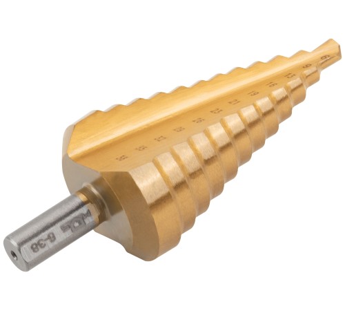 Сверло ступенчатое HSS по металлу, 12 ступеней 6-9-13-16-19-21-23-26-29-32-35-38 мм MOS Сверло ступенчатое HSS по металлу, 12 ступеней 6-9-13-16-19-21-23-26-29-32-35-38 мм MOS