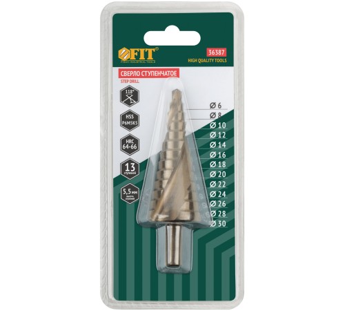 Сверло ступенчатое HSS Co5% ( Р6М5К5 ) по металлу, спиральный профиль, 13 ступеней, 6-30 мм FIT HQ Сверло ступенчатое HSS Co5% ( Р6М5К5 ) по металлу, спиральный профиль, 13 ступеней, 6-30 мм FIT HQ
