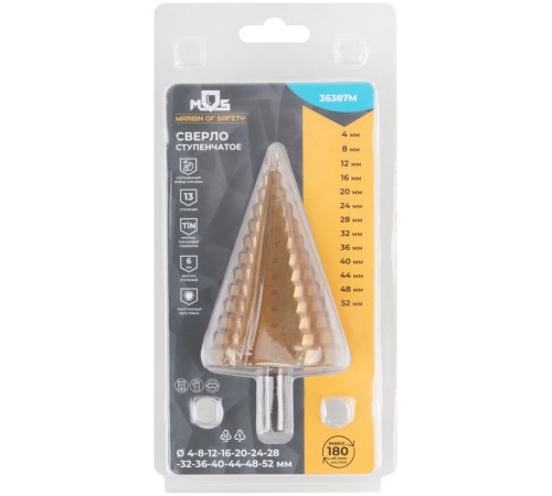 Сверло ступенчатое HSS по металлу, 13 ступеней 4-8-12-16-20-24-28-32-36-40-44-48-52 мм MOS Сверло ступенчатое HSS по металлу, 13 ступеней 4-8-12-16-20-24-28-32-36-40-44-48-52 мм MOS