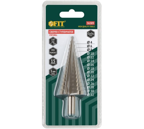 Сверло ступенчатое HSS Co5% ( Р6М5К5 ) по металлу, 15 ступеней, 4-32 мм FIT HQ Сверло ступенчатое HSS Co5% ( Р6М5К5 ) по металлу, 15 ступеней, 4-32 мм FIT HQ
