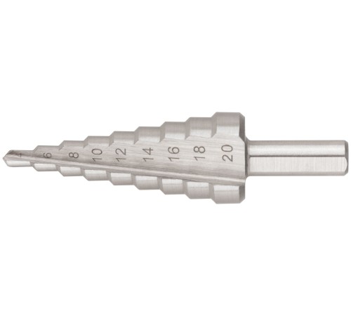 Сверло ступенчатое HSS по металлу, 9 ступеней, 4-20 мм КУРС