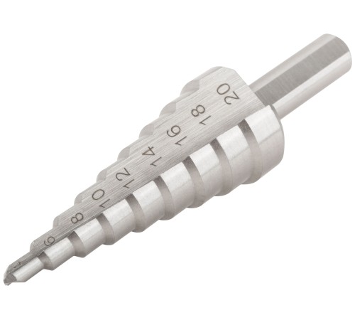 Сверло ступенчатое HSS по металлу, 9 ступеней, 4-20 мм КУРС