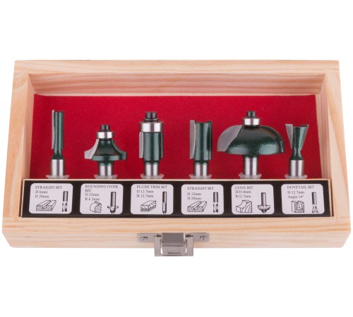 Фрезы по дереву кромочные, набор 6 шт., деревянный бокс, хвостовик 8 мм FIT IT Фрезы по дереву кромочные, набор 6 шт., деревянный бокс, хвостовик 8 мм FIT IT