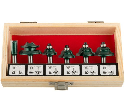 Фрезы по дереву кромочные, набор 6 шт., деревянный бокс, хвостовик 8 мм FIT IT Фрезы по дереву кромочные, набор 6 шт., деревянный бокс, хвостовик 8 мм FIT IT