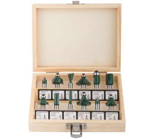 Фрезы по дереву кромочные, набор 12 шт., деревянный бокс, хвостовик 8 мм FIT IT Фрезы по дереву кромочные, набор 12 шт., деревянный бокс, хвостовик 8 мм FIT IT