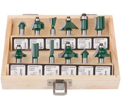 Фрезы по дереву кромочные, набор 12 шт., деревянный бокс, хвостовик 8 мм FIT IT Фрезы по дереву кромочные, набор 12 шт., деревянный бокс, хвостовик 8 мм FIT IT