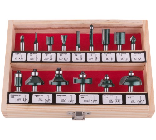 Фрезы по дереву кромочные, набор 15 шт., деревянный бокс, хвостовик 8 мм FIT IT Фрезы по дереву кромочные, набор 15 шт., деревянный бокс, хвостовик 8 мм FIT IT