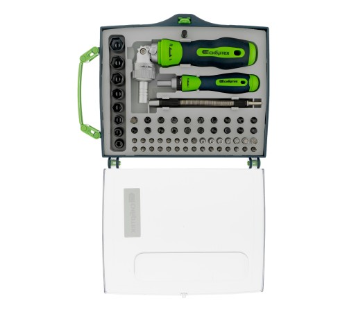 Отвертки реверсивные с набором бит, торцевых головок, 61 предмет, CrV Сибртех