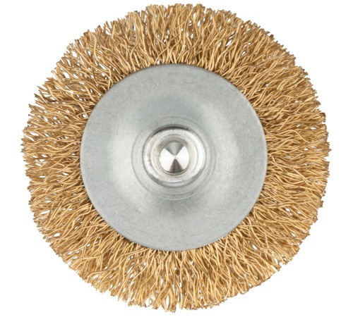 Корщетка дисковая прямая, со шпилькой, стальная латунированная волнистая проволока  50 мм КУРС