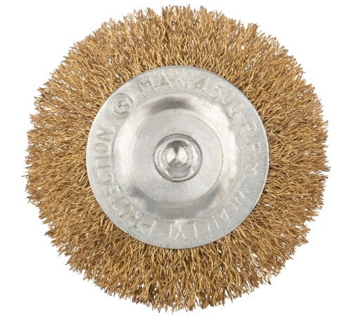 Корщетка дисковая прямая, со шпилькой, стальная латунированная волнистая проволока  75 мм КУРС