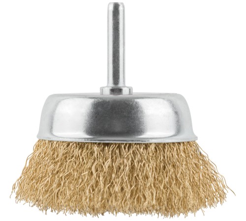 Корщетка чашечная, со шпилькой, стальная латунированная волнистая проволока 75 мм КУРС