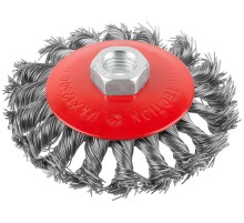 Корщетка-колесо с наклоном, гайка М14, стальная витая проволока 100 мм КУРС